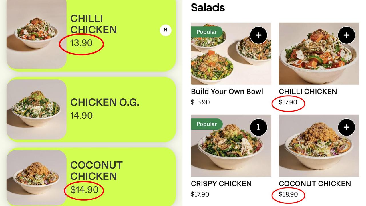 Comparison of Fishbowl salad prices when ordered in-store (left), to UberEats (right).