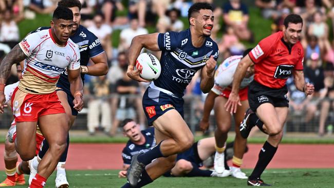 Robert Derby runs upfield during the NRL Trial Match between the Cowboys and Dolphins. (Photo by Emily Barker/Getty Images)