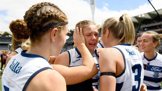 Chloe Scheer is consoled by teammates post-match. Picture: Getty Images