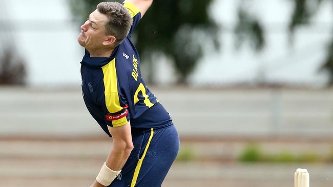 VSDCA: Cobug v Plenty Valley: Simon Black of Plenty Valley bowling on Saturday, March 5, 2022 in Coburg, AustraliaPhoto: Hamish Blair