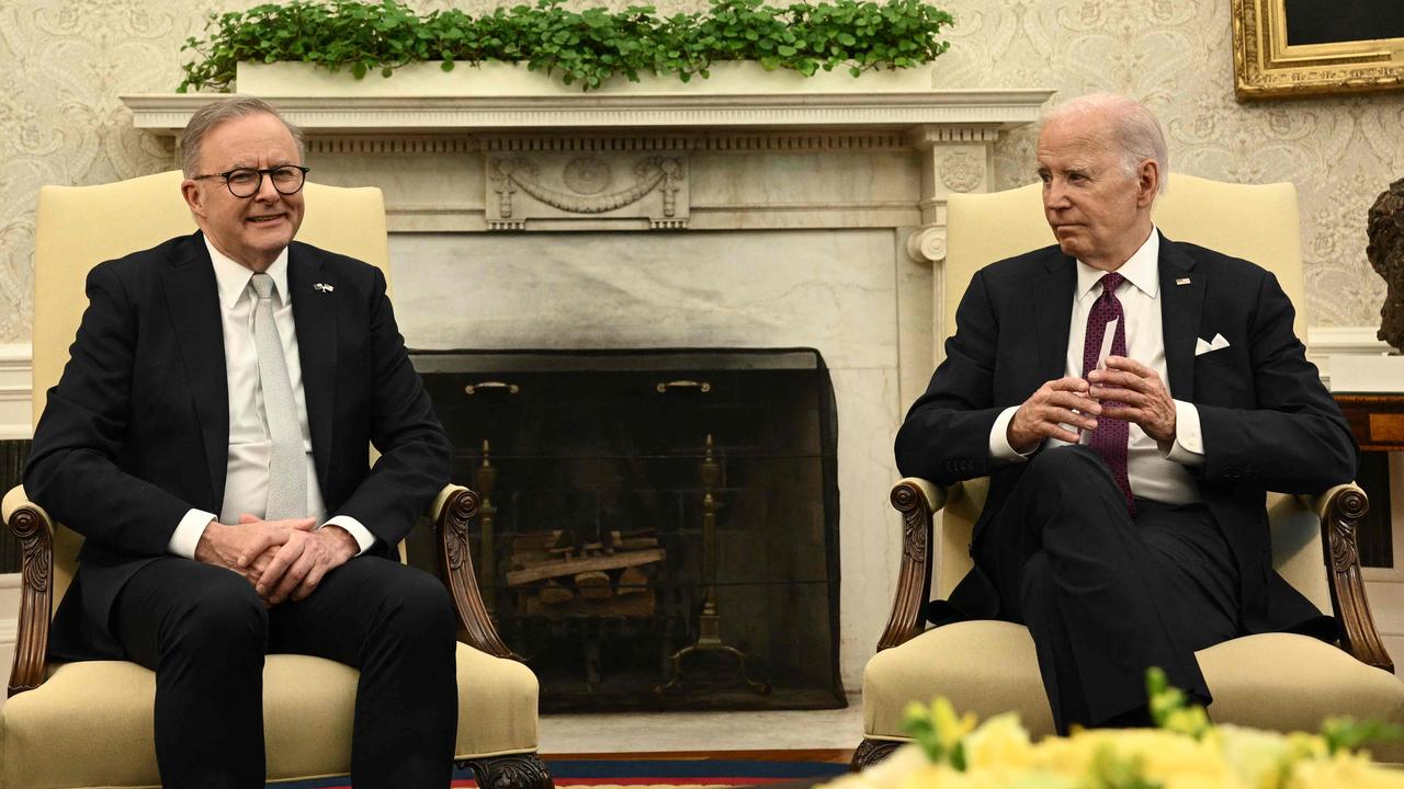 US President Joe Biden (right) holds a bilateral meeting with Australia's Prime Minister Anthony Albanese at the Oval Office on October 25, 2023. Picture: Brendan Smialowski/AFP