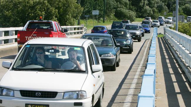 The Bribie Island Road blocked due to an accident on the Bribie Island bridge (2010). Pic Annette Dew