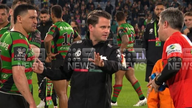 Cody Walker clashes with Penrith physiotherapist Pete Green after the match. Picture: Channel Nine