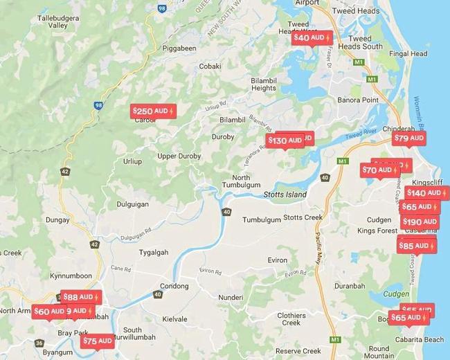 A screen shot of a number of Tweed properties listed on Airbnb. Picture: Contributed