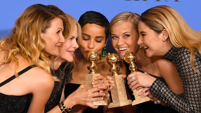 Actors Laura Dern, Nicole Kidman, Zoe Kravitz, Reese Witherspoon and Shailene Woodley pose with the Best Television Limited Series or Motion Picture Made for Television award for 'Big Little Lies' in the press room during The 75th Annual Golden Globe Awards. Picture: Getty