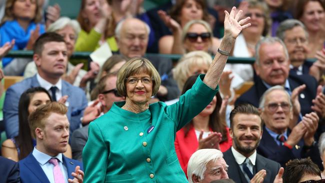 Margaret Court is announced to the crowd at Wimbledon in 2016.