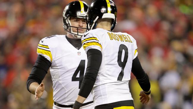 Jordan Berry and Chris Boswell celebrate a field goal.