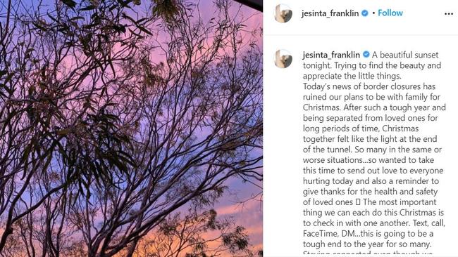 Jesinta Franklin says her Christmas has been ruined this year due to border closures.