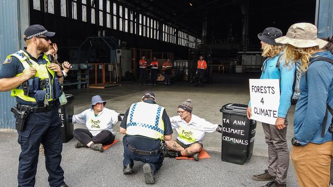 Four people were arrested following a Bob Brown Foundation protest at the Ta Ann veneer mill at Smithton earlier this month. Picture: Adam Burling