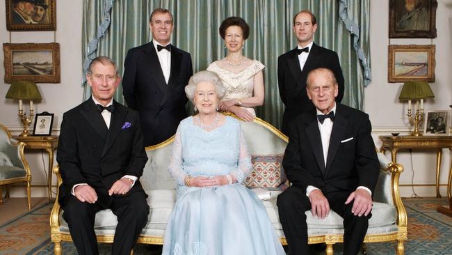 Britain's Queen Elizabeth II in 2007 with Prince Philip, Prince Charles, Prince Edward, Princess Anne and Prince Andrew marking the Diamond Wedding Anniversary of The Queen and The Duke. Picture: Tim Graham