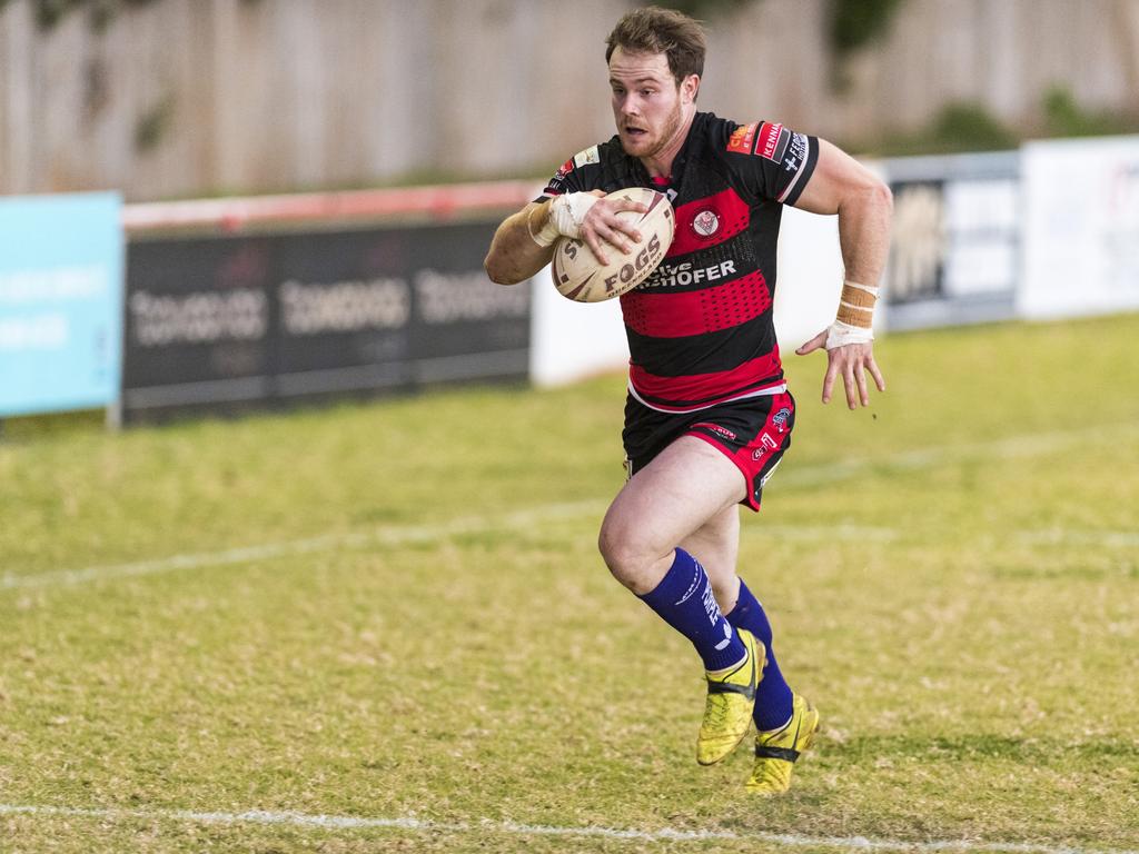 Alexander Brown on the way to his third try for Valleys against Oakey in TRL A grade round 10 rugby league at Herb Steinohrt Oval, Sunday, June 20, 2021. Picture: Kevin Farmer