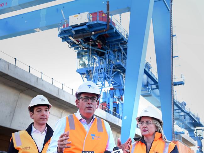 Oakleigh MP Steve Dimopoulos, Premier Daniel Andrews and Public Transport Minister Jacinta Allan at Murrumbeena station on Tuesday. Picture: Nicole Garmston