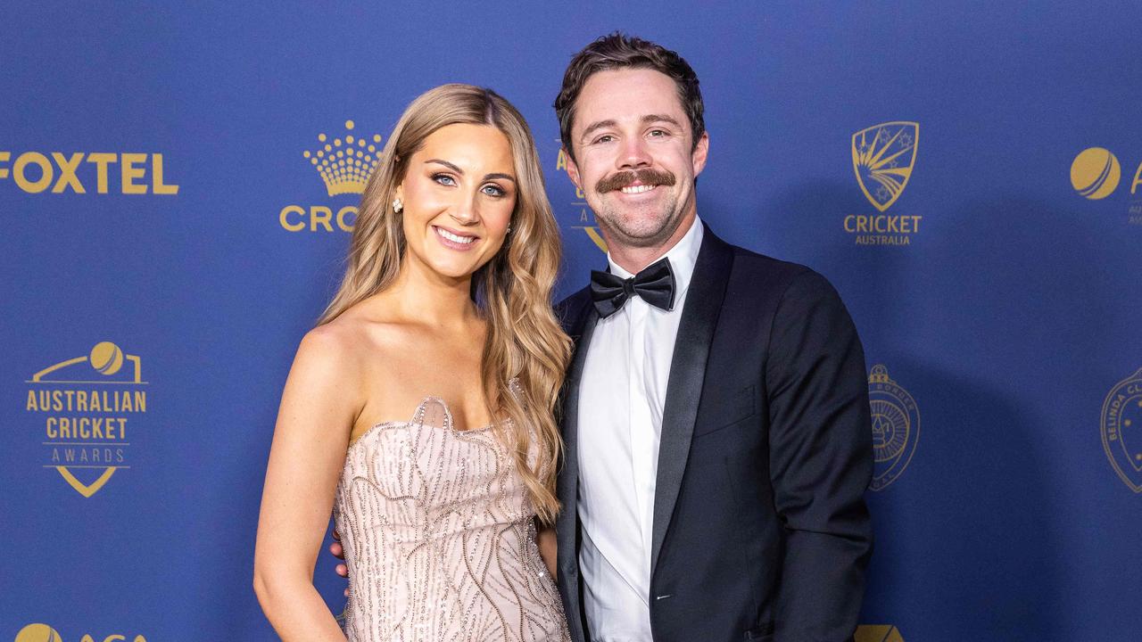 Travis Head and wife Jessica Davies arrive at the awards night. Photo: Jake Nowakowski