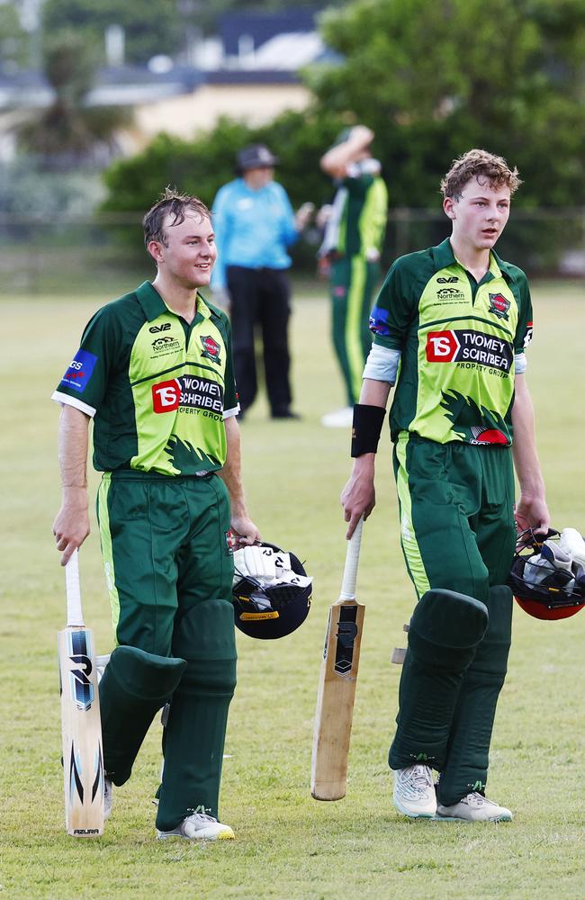 Brothers Henry King and Tommy King walk from the crease at the end of the over in the Cricket Far North first grade 40 over match between the Cairns Rovers and Norths, held at Griffiths Park, Manunda. Picture: Brendan Radke