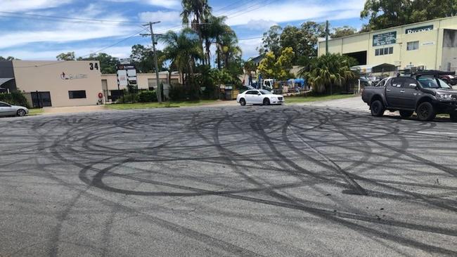 Tyre marks outside Arundel businesses after a hoon meet. Picture: supplied