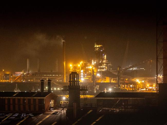 Night shot of the Whyalla Steelworks and smelter facility. Picture: Ben Clark