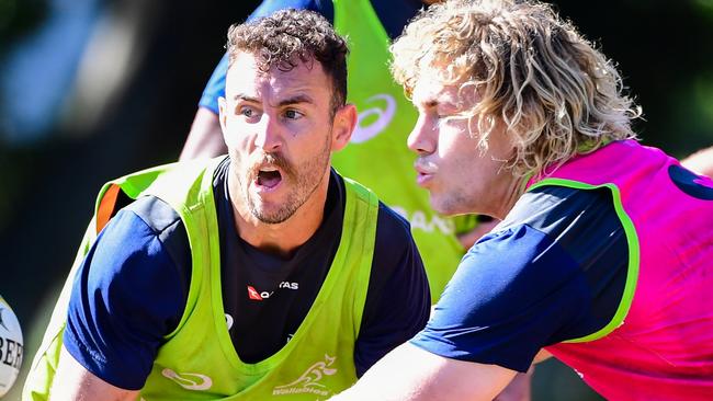 The Qantas Wallabies train at Wests Bulldogs Rugby Union Club, Brisbane. Nic White and Ned Hanigan. Photo: Rugby AU Media/Stuart Walmsley