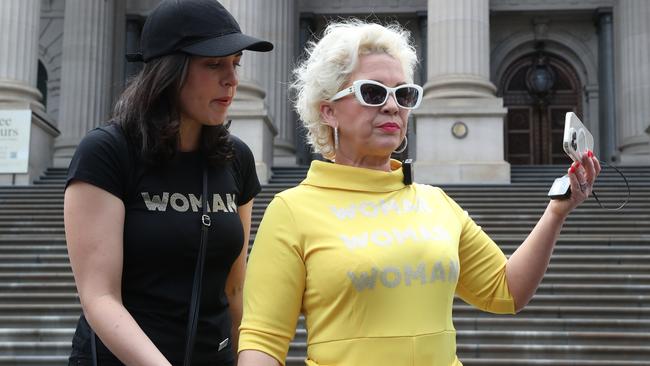 Ms Deeming and UK activist Kellie-Jay Keen on the steps of Victoria’s parliament in March. Picture: NCA NewsWire / David Crosling