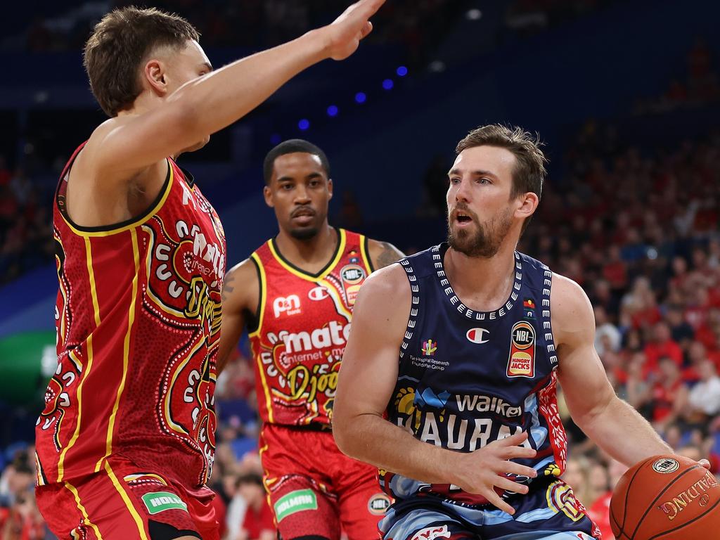 Mitch McCarron drives to the key during the round six NBL match between Perth Wildcats and Adelaide 36ers at RAC Arena. Photo: Paul Kane/Getty Images.