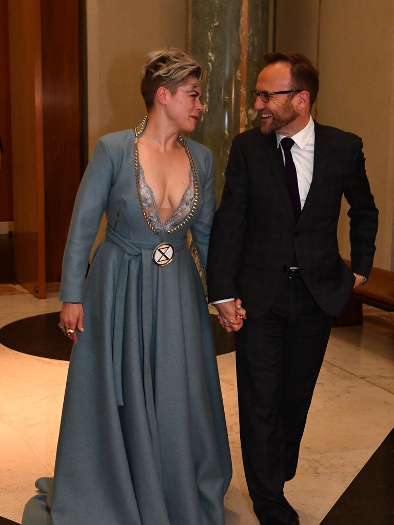 Greens Member for Melbourne Adam Bandt and wife Claudia Perkins. Picture: AAP