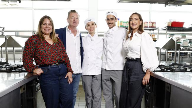 (Left to right) Danielle Alvarez and Luke Mangan, with TAFE students Sally Van and Mikal Zammit, and Merivale venue manager Kate Tomasella. Picture: Richard Dobson