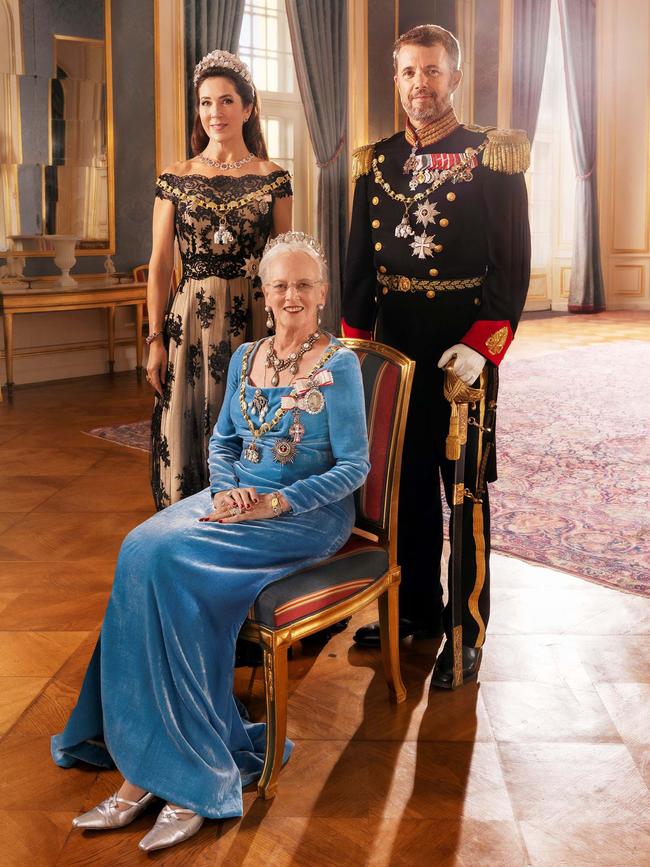 Her Majesty Queen Margrethe II of Denmark with Crown Prince Frederik and Crown Princess Mary. The portrait has been released as part of the Queen's 50th Anniversary. Picture: Per Morten Abrahamsen/Royal House
