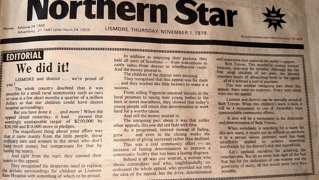 A Northern Star editorial by Jim Brigginshaw from Thursday, November 1, 1979 after fundraising for the Lismore Base Hospital children's ward.