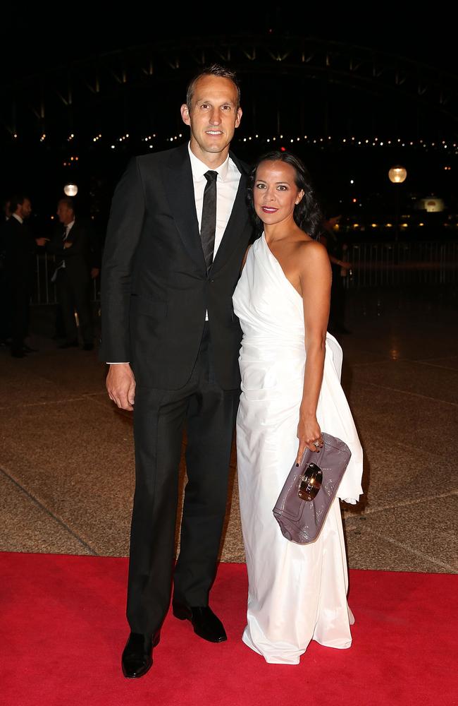 Mark Schwarzer and wife Paloma Schwarzer arrive at the Australian Socceroos Farewell Dinner.