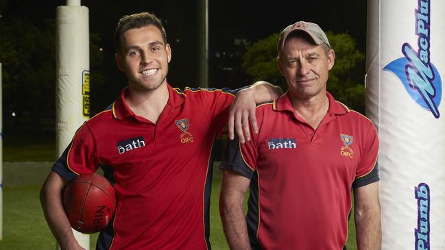 Old IgnatiansÃ footballer, Sam Boots with coach and dad, Damian Boots at Karen Rolton Oval in Adelaide, ahead of the division 2 grand final, Wednesday, Sept. 8, 2021. Picture: MATT LOXTON