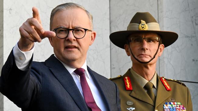 Anthony Albanese and Chief of the Australian Defence Force Angus Campbell take questions after the release of the Defence Strategic Review in Canberra. Picture: AAP