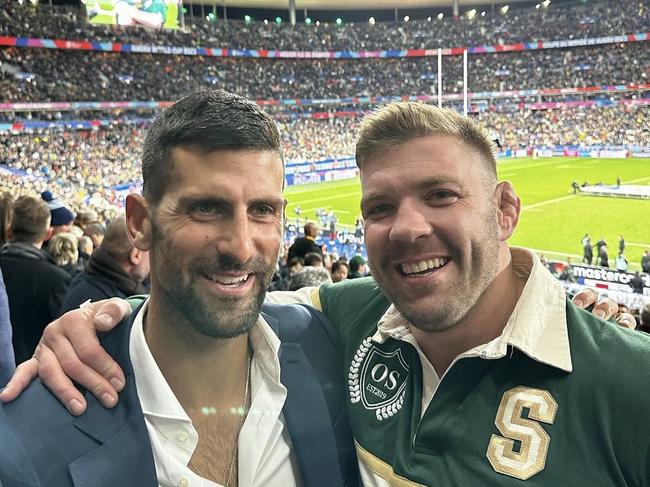 Du Plessis with Novak Djokovic at the Rugby World Cup final in Paris last year. Picture: Instagram