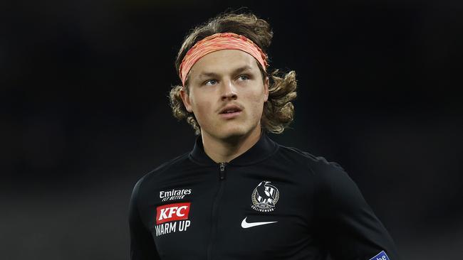 MELBOURNE, AUSTRALIA - AUGUST 18: Jack Ginnivan of the Magpies warms up before the round 23 AFL match between Collingwood Magpies and Brisbane Lions at Marvel Stadium, on August 18, 2023, in Melbourne, Australia. (Photo by Daniel Pockett/Getty Images)