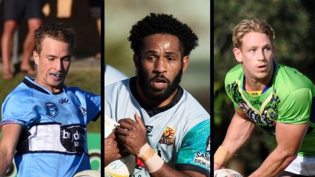 Hamish McClintock from the Ballina Seagulls, Theo Hippi from Northern United and Dan Willoughby from the Tweed Coast Raiders, who all play in the 2023 Northern Rivers Regional Rugby League (NRRRL) competition. Picture: Emma Stockham/Elise Derwin