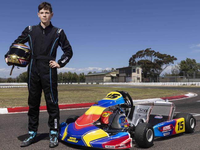 6 December 2021: State champion karter Christian Cowie, 15 ,  has dreams of being a race car driver, Photographed at the Southern Go Kart Club. Picture Kelly Barnes