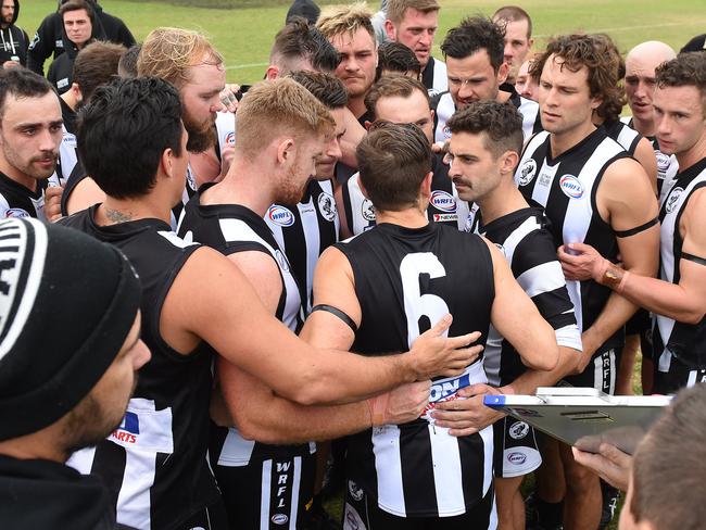 WRFL footy: Yarraville-Seddon Eagles v Parkside. Parkside at quarter time with coach Chris Murtore. Picture: Josie Hayden