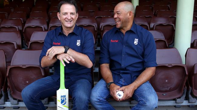 Foxtel commentators and former teammates Mark Waugh, left, and Andrew Symonds. Picture: Toby Zerna