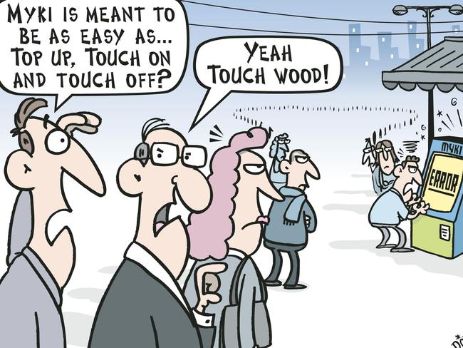 Sometimes Myki machine errors can’t be helped — but if this guy had topped up before he got to the station, these commuters might be on a train right now. Cartoon: Chris ‘ROY’ Taylor.