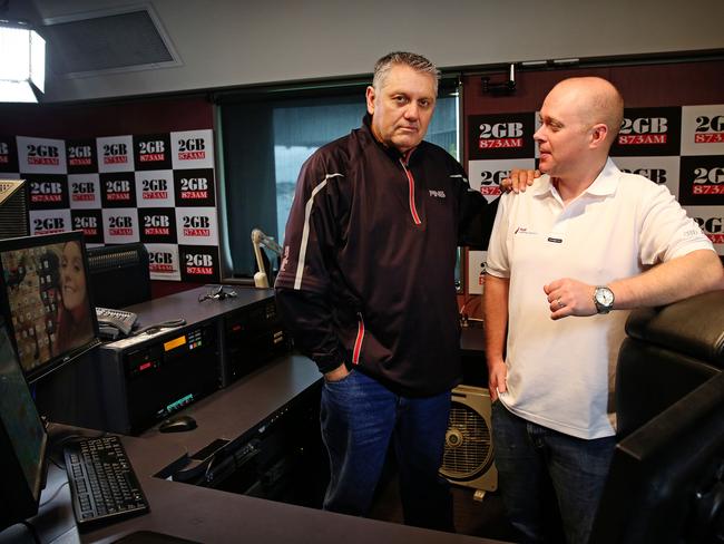 Ray Hadley (left) and producer Chris Bowen in 2014, photographed for a story about Mr Bowen saving Hadley’s life when he was choking on a piece of meat during a meal.