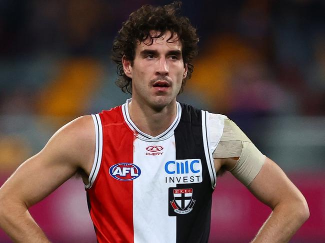 BRISBANE, AUSTRALIA - JUNE 14: Max King of the Saints looks on after the round 14 AFL match between Brisbane Lions and St Kilda Saints at The Gabba, on June 14, 2024, in Brisbane, Australia. (Photo by Chris Hyde/AFL Photos/via Getty Images)