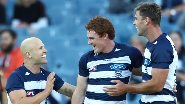 The Geelong are blessed with multiple avenues to goal, including Gary Ablett, Gary Rohan and Tom Hawkins. Picture: Scott Barbour/Getty Images