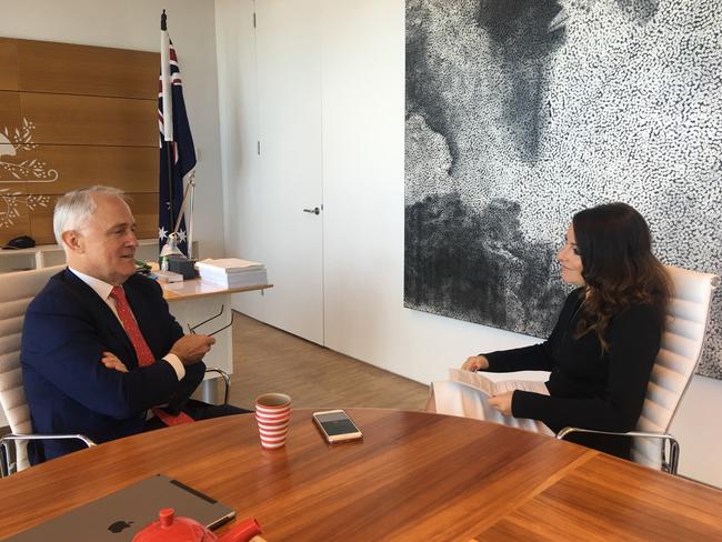 Prime Minister Malcolm Turnbull being interviewed by Daily Telegraph National Political Editor Sharri Markson.