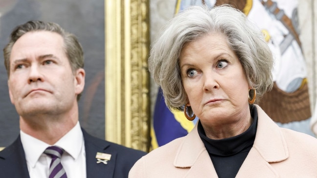 Susie Wiles, right, reacts with Mike Waltz, Trump’s national security adviser, as the president suggests the US take over the Gaza Strip. Picture: Shawn Thew/EPA/The Times