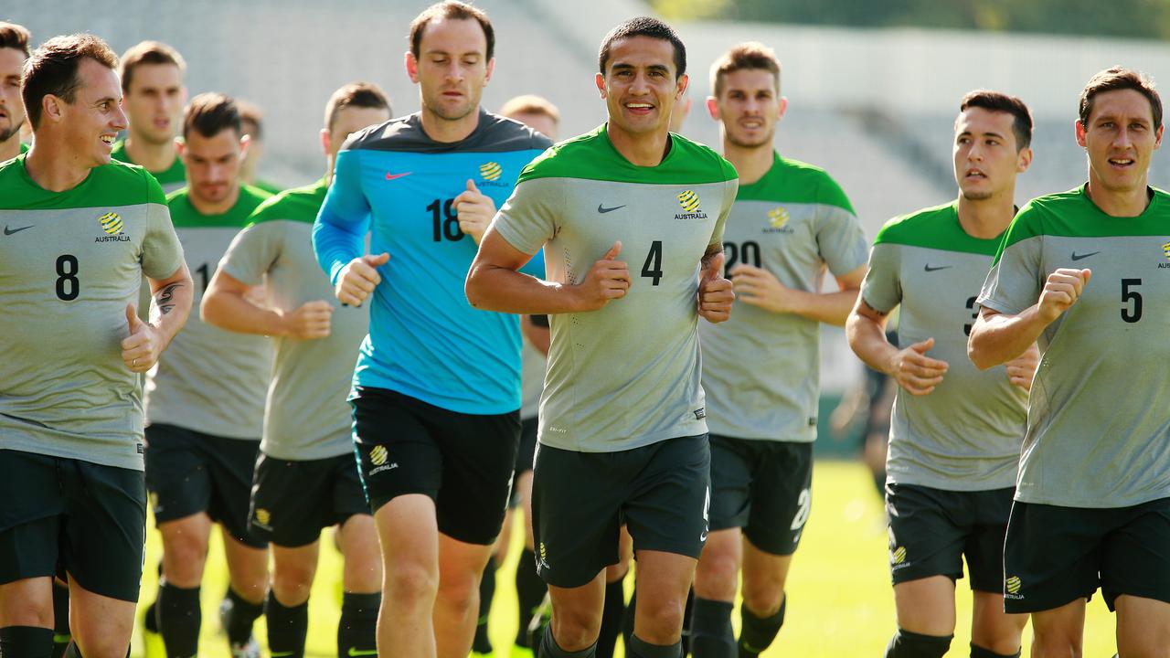 Australia's World Cup squad training at Oki Jubilee Stadium in Kogarah today ahead of the trip to Brazil. Tim Cahill in middle.