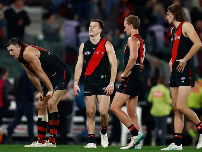 Zach Merrett and the Bombers after Saturday night’s loss. Picture: Michael Willson/AFL Photos