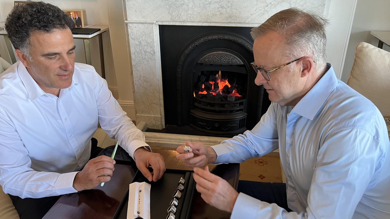 Affinity Diamonds’ Sam Rahme with Prime Minister Anthony Albanese designing the 2023 NRL Premiership rings.