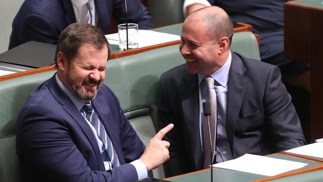 Labor’s Ed Husic and Treasurer Josh Frydenberg in Parliament House yesterday. Picture: Kym Smith