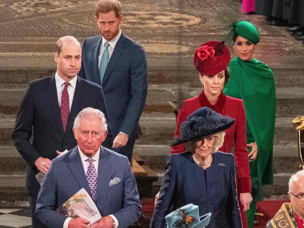 Meghan and Harry pictured with Prince William, Duchess Kate, Prince Charles and Duchess Camilla at their last engagement as senior royals in March.