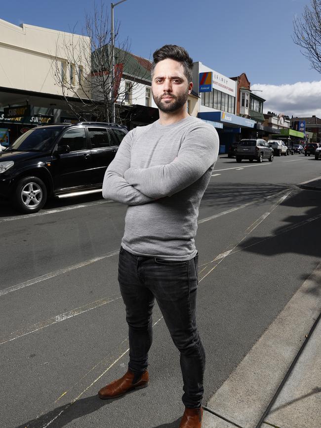 Fabio Di Tomasso is among traders fed up with UberEats drivers clogging the North Hobart restaurant strip with no parks left for their customers. Picture: Zak Simmonds