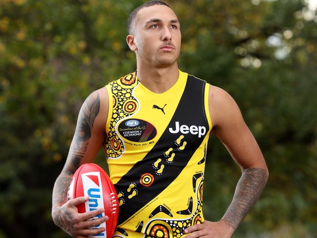 Richmond player Shai Bolton wearing the Dreamtime at the G guernsey that he designed with his grandmother and family members. Dreamtime at the G would have been this weekend. It's the 10th edition of the guernsey.  Pic: Michael Klein