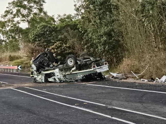 Aftermath of a crash on the Bruce Highway at Bloomsbury involving two trucks and a car on August 1, 2024. Two people, a man in his 70s and a man in his 20s suffered life threatening injuries and had to extricated. Two other people walked away from the crash stable. Photos taken at 6pm. Picture: Janessa Ekert